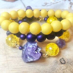 Purple & Gold Stacking Beaded Bracelet Set of 3 with Amethyst Nugget